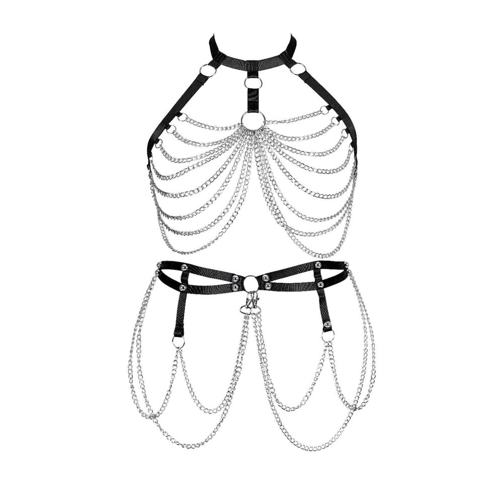 6384 Body Harness Bra Plus Size Metal Chain Bra Set Punk Stockings Garter